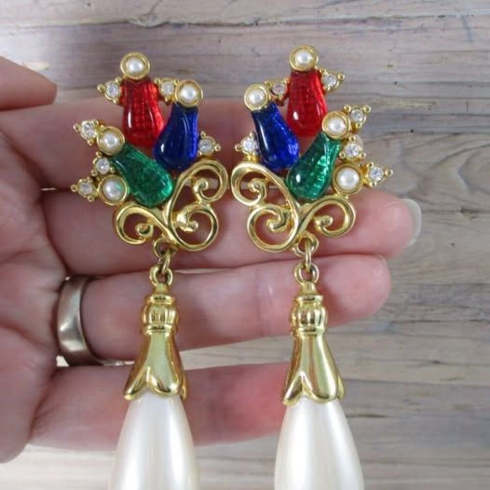 Vtg Runway Multi-color Tutti Frutti Tulip Flower Gold Pearl Earrings clip dangle